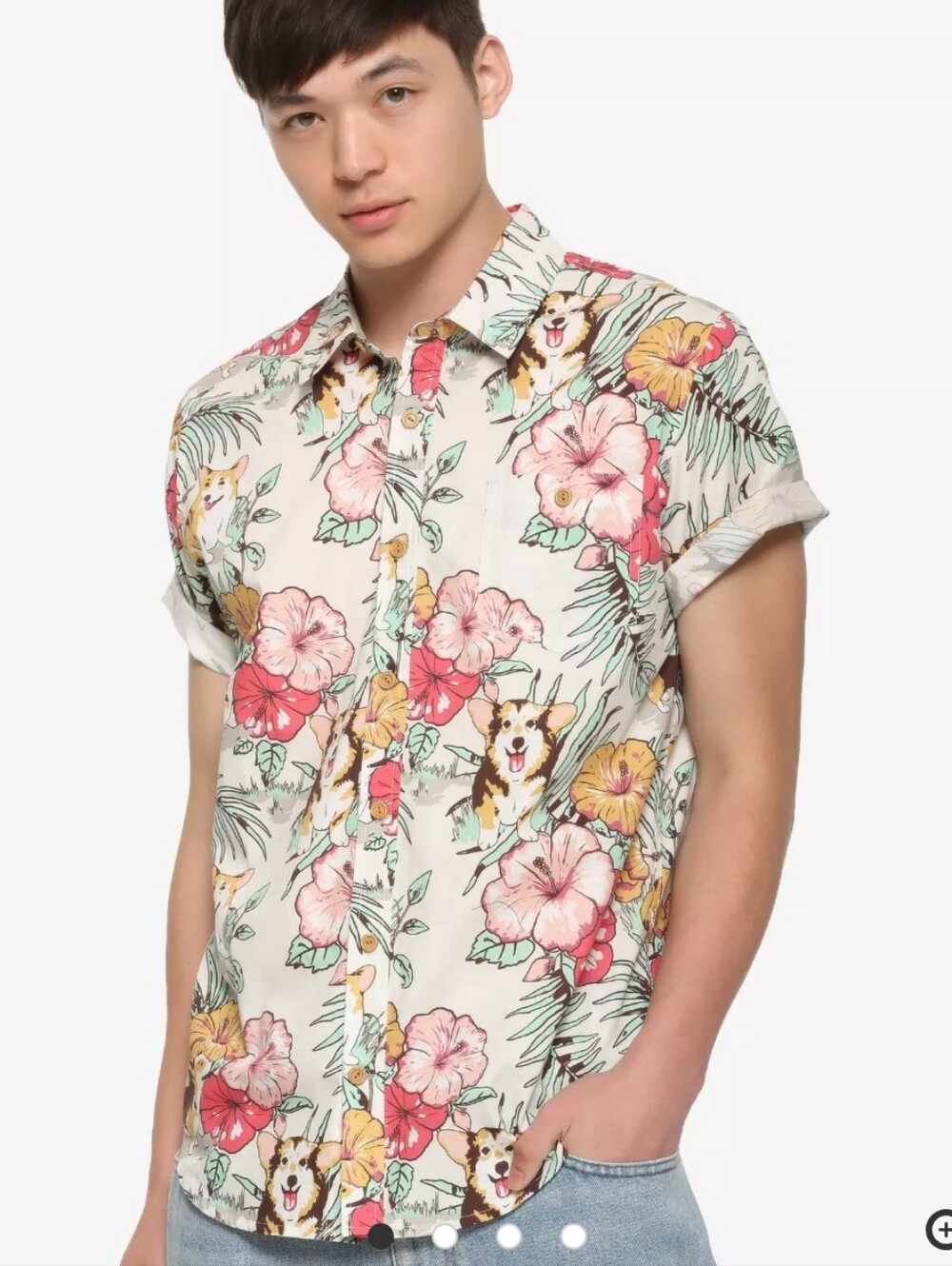 Hot Topic Big & Tall Tropical Hawaiian Corgi Vibes Short Sleeve Button Up